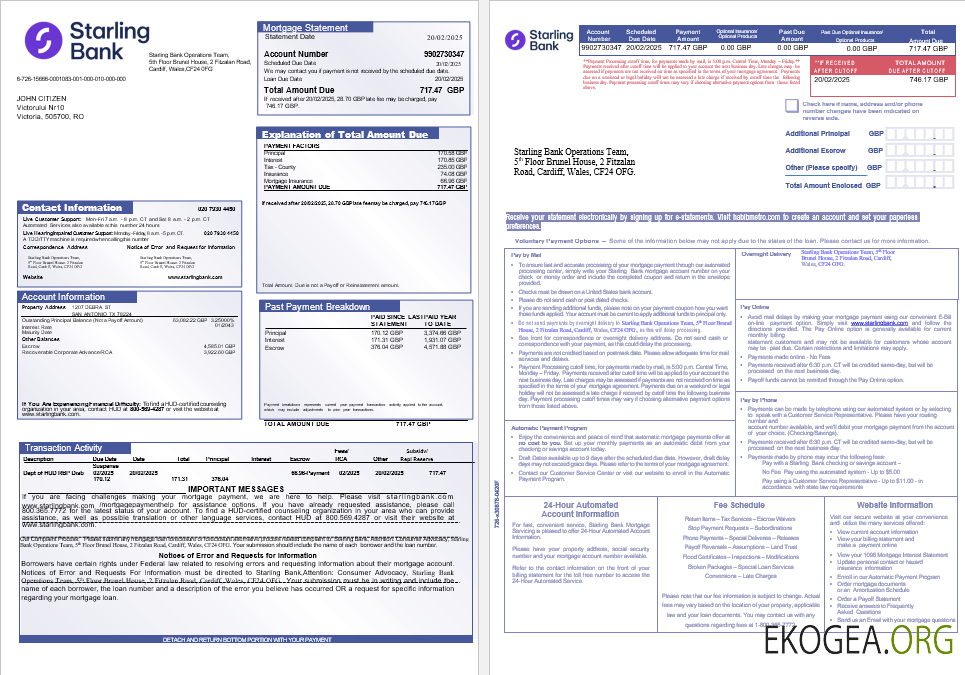 Relevé hypothécaire de la Starling Bank britannique aux formats Word et PDF, 3 pages template